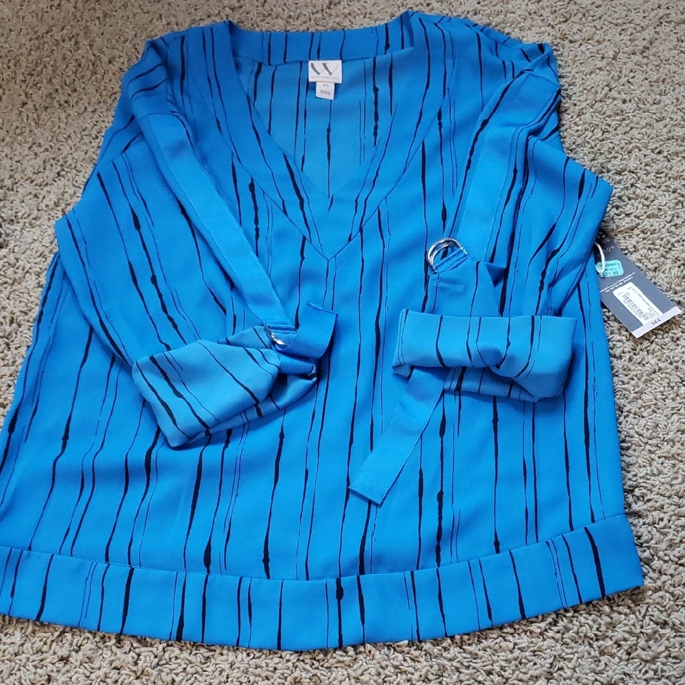 Worthington Cobalt Blue Striped 3/4 Sleeve Blouse